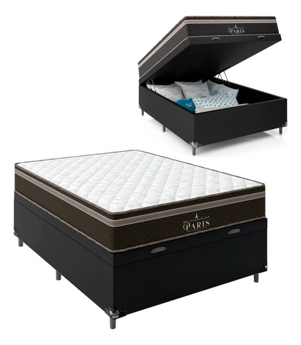 Cama Box Baú Viúva + Colchão Paris Molas Ensacadas - Preto