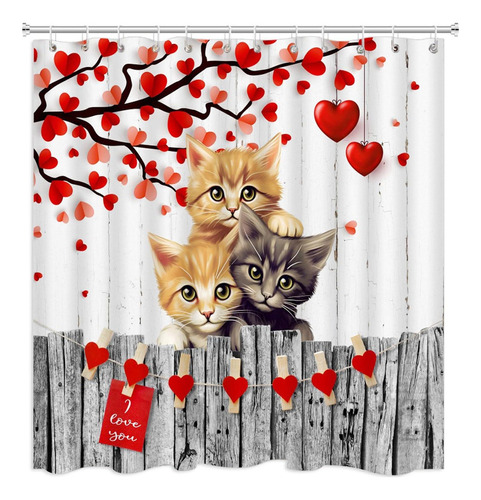 Cortina Ducha Con Diseño Gato Día San Valentín, Romántica, Y