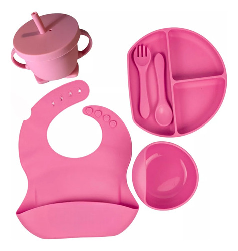 Set Rosa Alimentacion Bebe Silicona Completo Plato Vaso Bowl Liso Veoquiero
