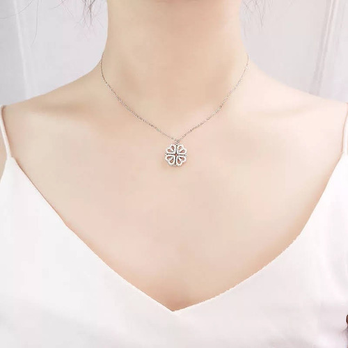 Imagen 7 de 10 de Collar Doble Vista Plata Dije Corazónes Trébol Y Circonias