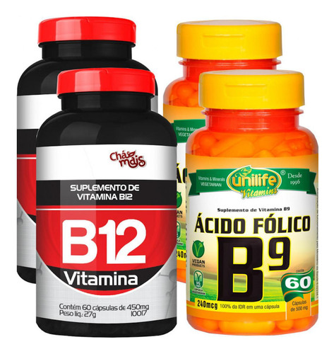 Vitamina B12 E Vitamina B9 Ácido Fólico Kit 4 Frascos