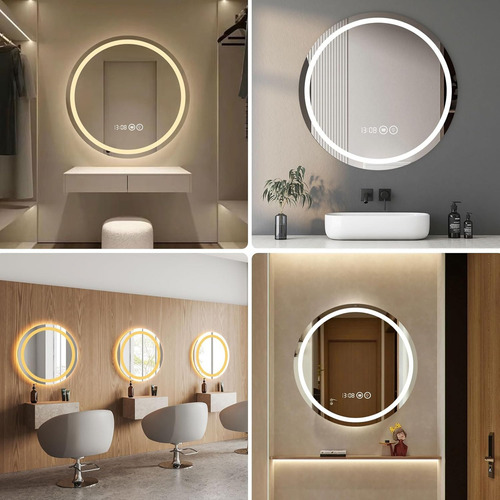 Espejo Touch Baño Redondo Espejo Con 1 Modo Función De Ajuste De Luz Tricolor Diámetro 60cm Pared Decorativos Cuadrado Eléctrico Marco Espejos 127v