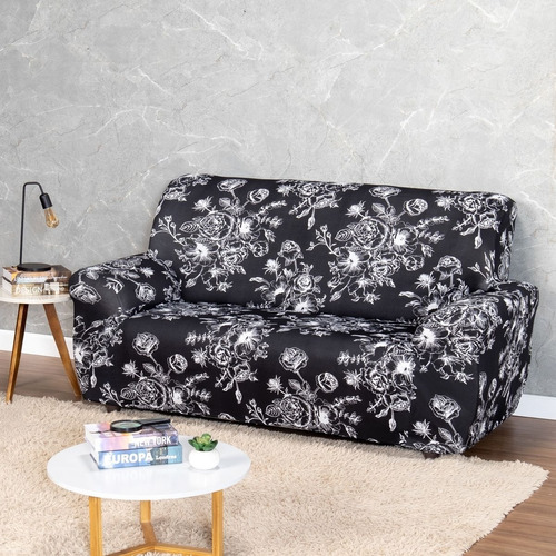 Capa De Sofá King Size Malha Coladinha Estampada Até 2,20m Cor Preto Floral