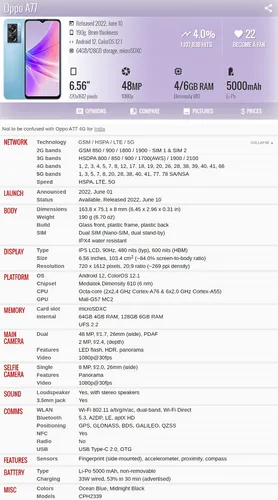 Oppo A77 5g 2022 Cph2339 4gb + 3gb = 7gb 64gb Dual Sim Duos