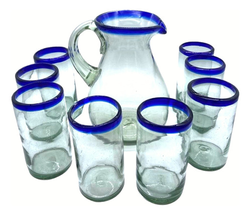 Juego De Jarra Con 8 Vasos Agua De Vidrio Soplado