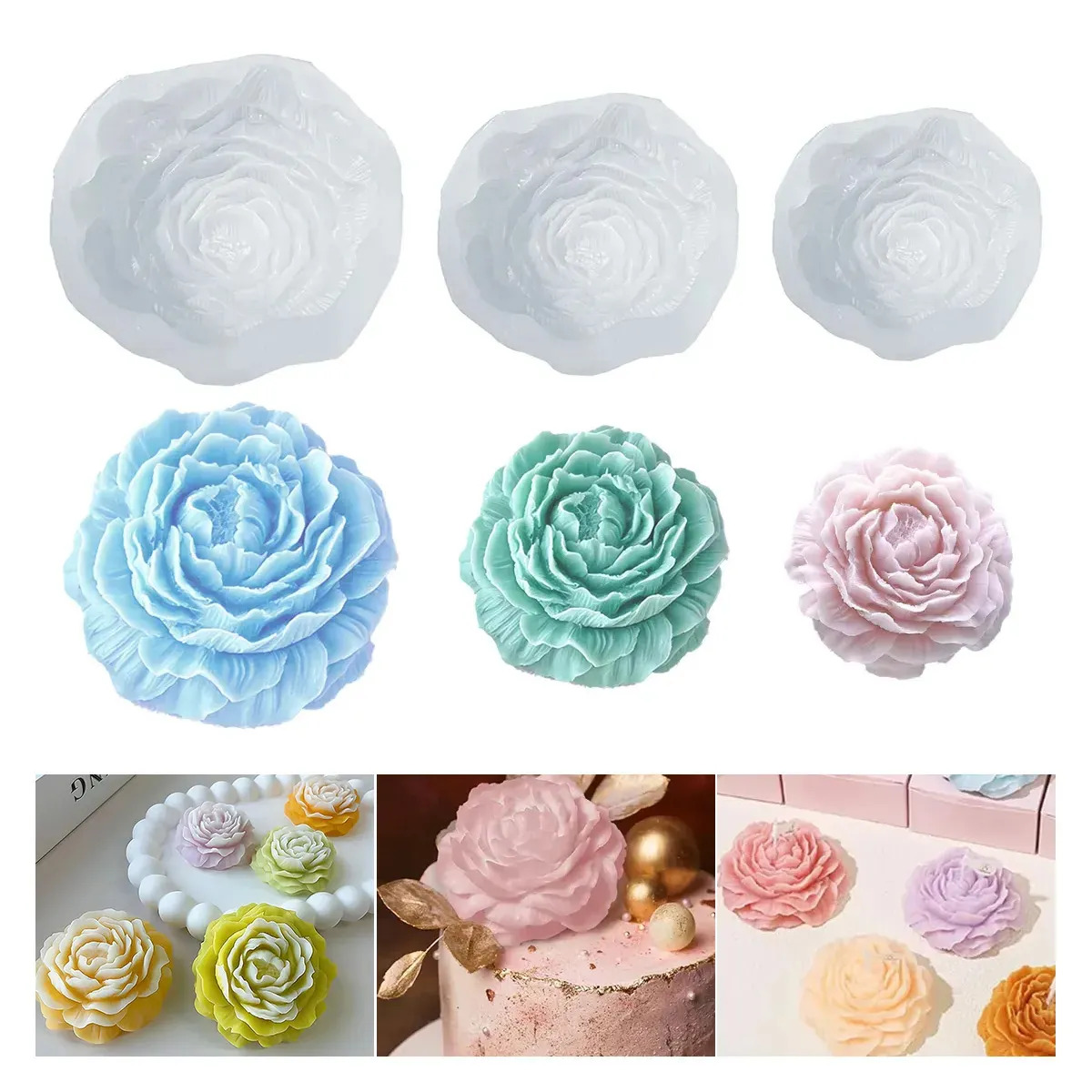 Doremama Moldes De Silicona Para Velas De Flores,kit 3pzs Molde De Flor De Peonía Para Velas 3d,para Diy Hecho A Mano, Creativo Para Aromaterapia De Flores, Caramelos, Chocolate,decoración De Pasteles