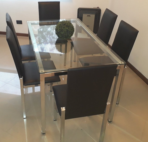 Juego Comedor 6 Sillas Mesa Vidrio 1,40x0,80 Todo Cromado