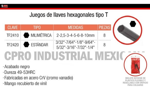 6 Juego De 8 Llaves Hex Tipo T De 6 Estándar 3/32 A 1/4 P