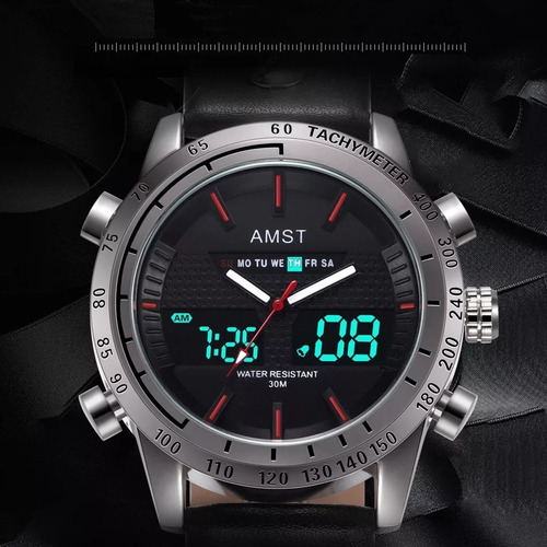 Relógio Esportivo Militar Pulseira De Couro Digital Amst
