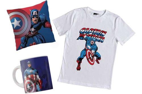 Remera Capitán America Combo Con Taza Y Almohada Avengers