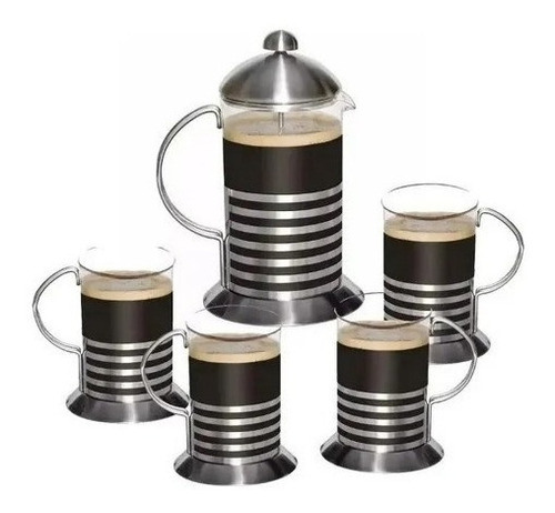 Juego Set Cafetera 600ml C/embolo + 4 Pocillos Acero Vidrio 