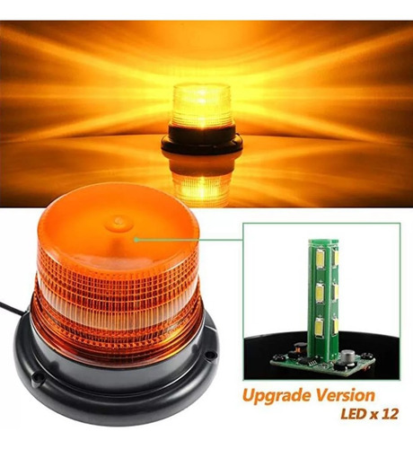 Imagen 3 de 9 de Torreta Led Ambar 12~24v Estrobo C/iman 16w 12 Leds