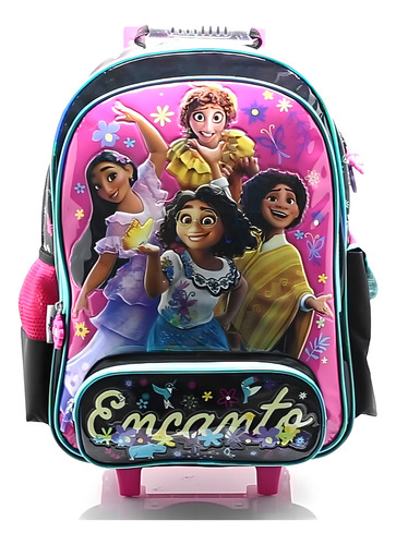 Mochila Escolar Encanto Disney Amigas Con Carro Color Negro Diseño de la tela Liso
