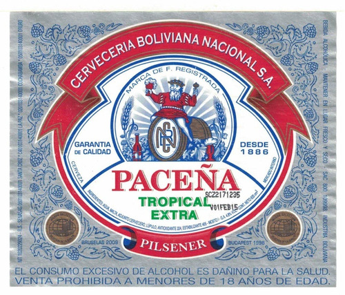 Rótulo Cerveja Boliviana Paceña - Coleção, Perfeito!