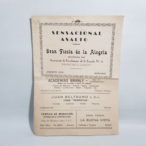 Antiguo Folleto Baile Asalto Rosario 1953 Alegría Mag 62010