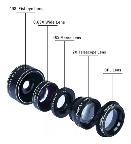 Kit Apexel 5 Lentes P/ Smartphone Cpl Macro Wide Fisheye P40