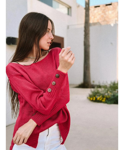 Sweater Importado, De Hilo Grueso, Con Botones En Mangas