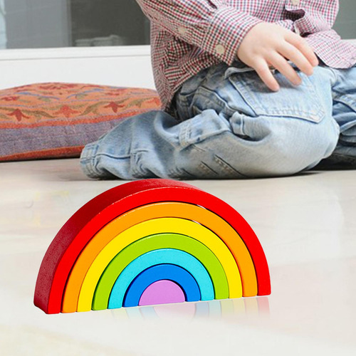 Wooden Rainbow Stacker Development Montessori Blocks Toys