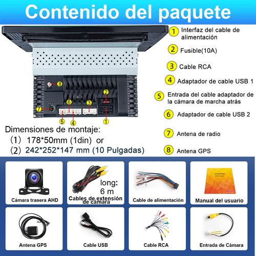 Autoestéreo 1 Din 4+32g Pantalla Táctil 10 Pulgadas Gps Bt Negro