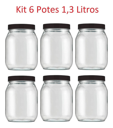 Kit 6 Potes 1,3 Litros Recipientes De Vidro Liso Invicta