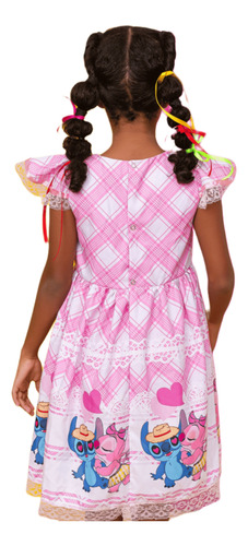 Vestido Infantil Festa Junina Stitch Rosa Com Coração Renda