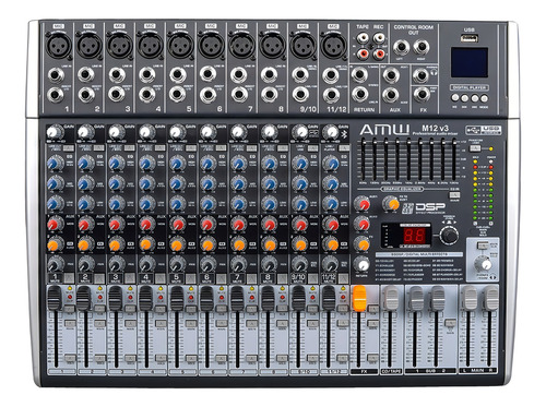 Mesa De Som Amw M12 v3 Fx 12 Canais 99 Efeitos Efx Interface de áudio USB Xlr P10 Mp3 Rec Bivolt