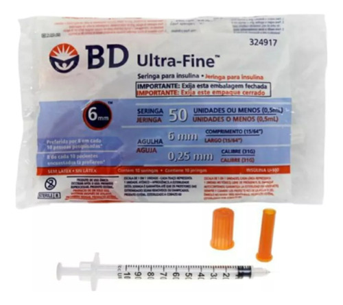Seringa Insulina Bd 6mm Kit 100 Unidades