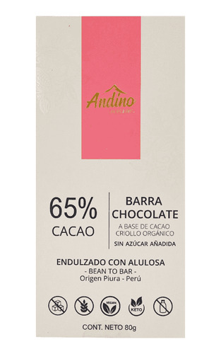 Andino Barra Keto 65 % Cacao Sin Gluten 80 G