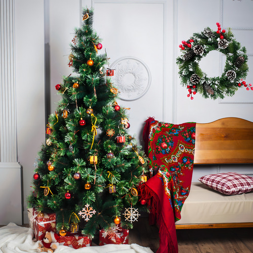 Guirlanda Natalina De Luxo 40 Cm Pinhas E Neve Grande Natal Cor Verde / Vermelho / Branco / Marrom