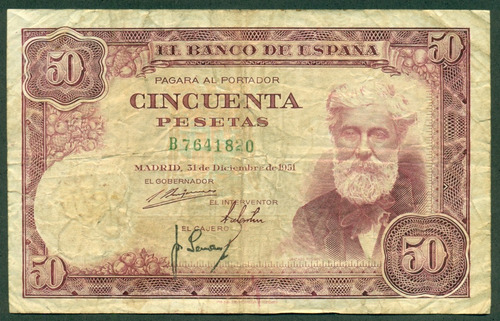 España Billete 50 Pesetas 31.12.1951 P# 141a Muy Escaso