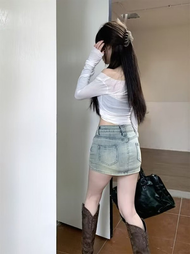 Minifalda Vaquera Vintage Con Cintura Alta Para Mujer