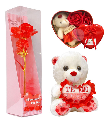 Pack Día Del Amor Caja Ramo De Rosa +  Peluche Con Diseño