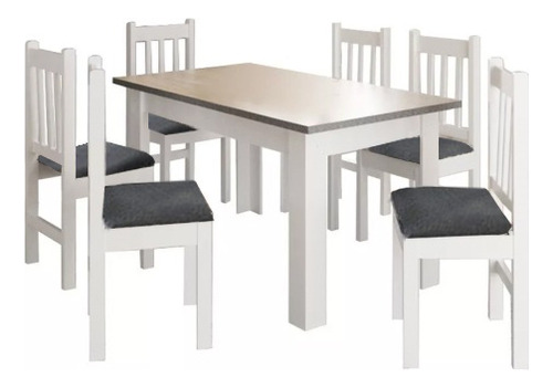 Juego Comedor Madera 6 Sillas Tapizadas LG Amoblamientos 301 Color Blanco Diseño de la tela de las sillas Rayado