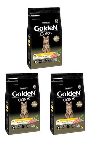Kit 3 Unidades Ração Golden Gatos Adultos Frango 1kg Premier