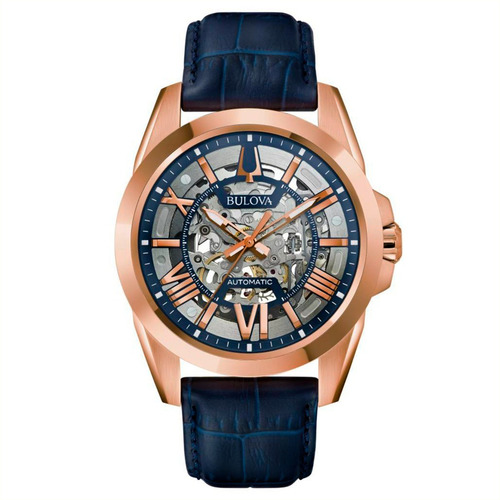 Reloj Bulova Sutton Original Automatic Piel Azul Para Hombre Correa Azul marino Bisel PVD Oro Rosa Fondo Gris/Azul