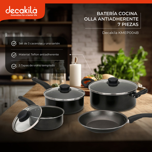 Batería De Cocina Decakila Olla Cacerola Antiadherente 7 Piezas KMEP004B