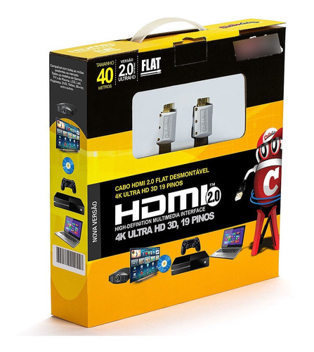 Cabo Hdmi 2.0 Flat Desmontável 19 Pinos, 4k, Ultra Hd, 3d 40