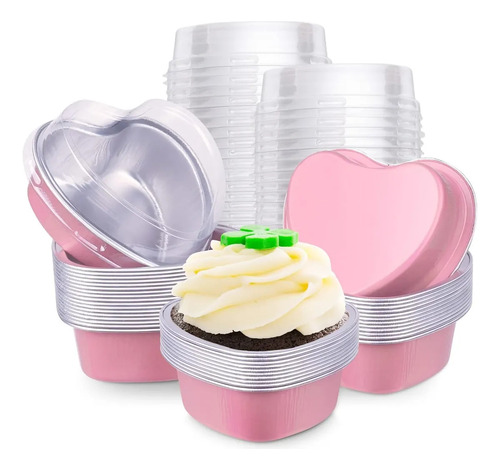 100PCS 3.5oz/100ml Mini Moldes de Torta de Corazón con Tapa, Moldes de Torta de Corazón de Papel de Aluminio, Adecuados para el Día de la Madre, Día de San Valentín, Bodas, Fiestas y Cumpleaños, Rosa