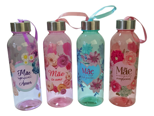 Garrafa Translucida Personalizada Mãe Te Amo Flores 580ml