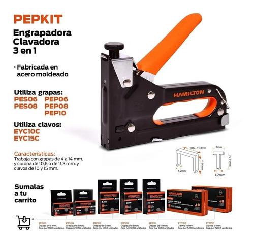 Imagen 3 de 10 de Engrapadora Clavadora Profesional 3 En 1 Hamilton Pepkit Kit