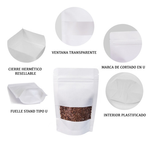 Imagen 4 de 7 de 100 Bolsas Stand Up Pouch Cierre Papel Blanco-ventana 50 Grs