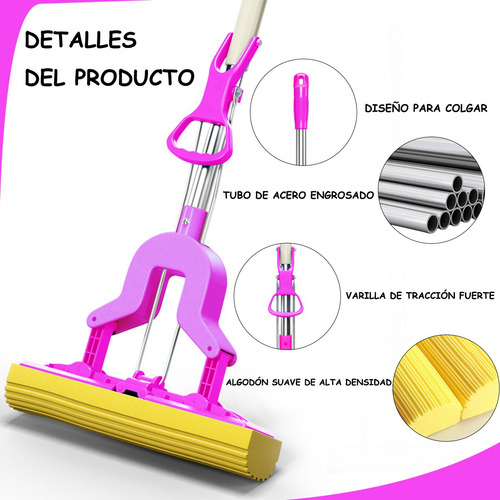 Fregona Esponja Absorbente Con Mango Telescópico, Fácil Uso Rosa