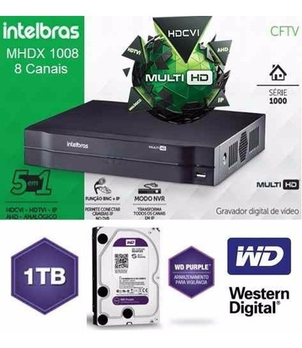 Dvr Intelbras 8 Canais Mhdx 1108 + Hd Purple Wester D. 1tb