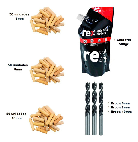 Kit Set De 150 Tarugos De Madera + Brocas + Cola Fria