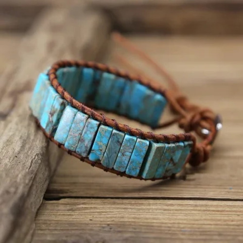 Pulseira Cigano Tibetano Em Couro - Azul Mesclado Ajustável