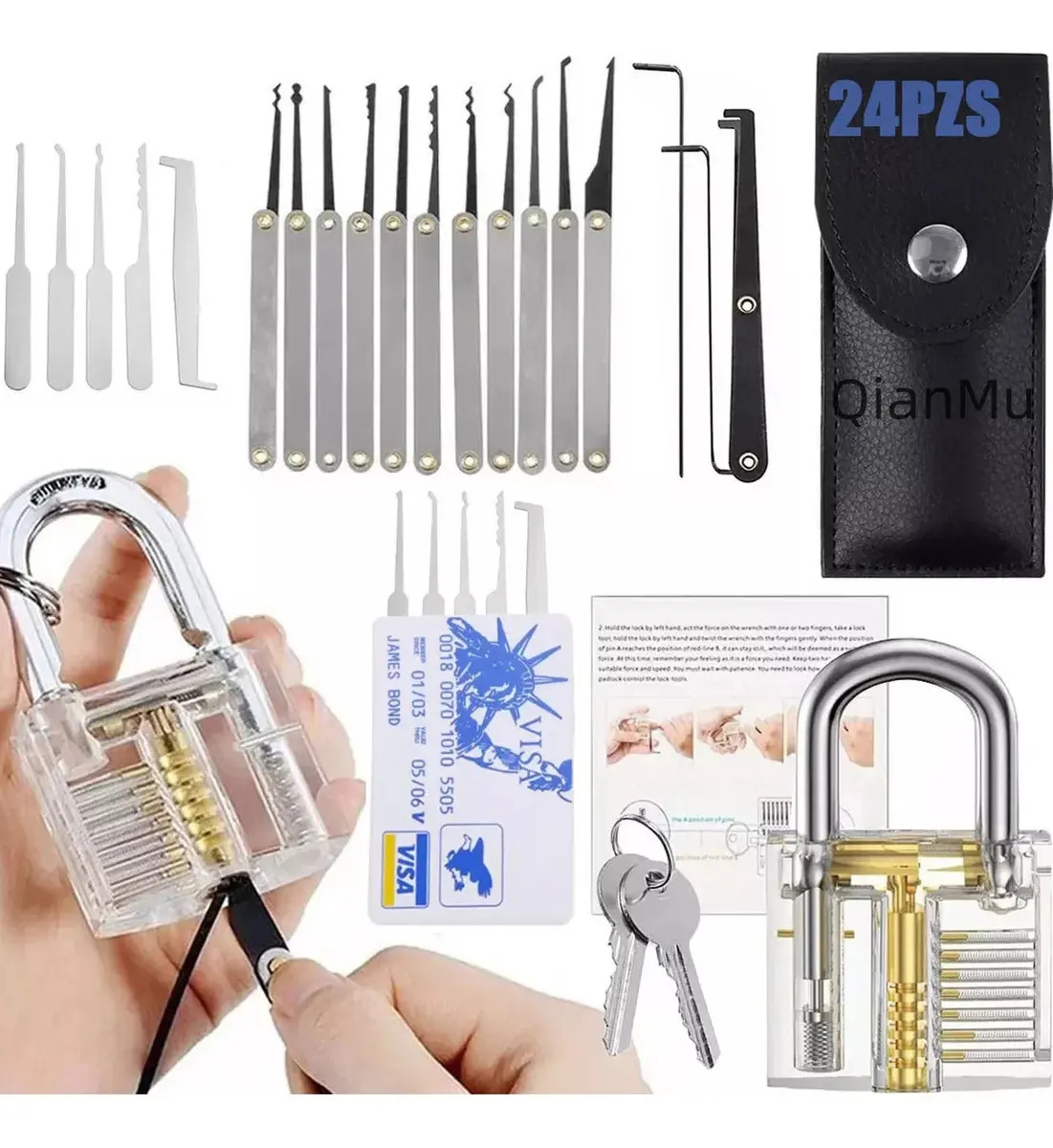 Set de Ganzúas QianMu para Principiantes con Candado Transparente, 24 Piezas y Estuche