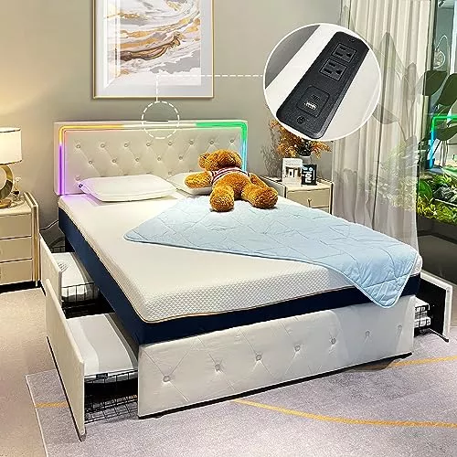 Cama Queen Marco De Cama Plataforma Base Cama Tapizada Cabecera con Luces  LED