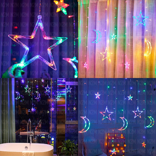 Imagen 4 de 10 de Cortina Led Estrellas Lunas Tira 3 Metros Multicolor 220v