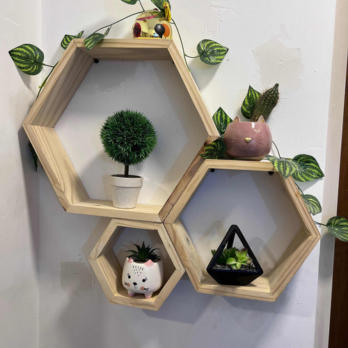 Estantes X3 Set Repisas Madera Pino Hexágonos