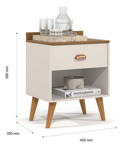 Mesa Criado 2 Bide Perola Conjunto Casal C/ Cabeceira Suede Brilhante Bege 1.40 / Off Freijo